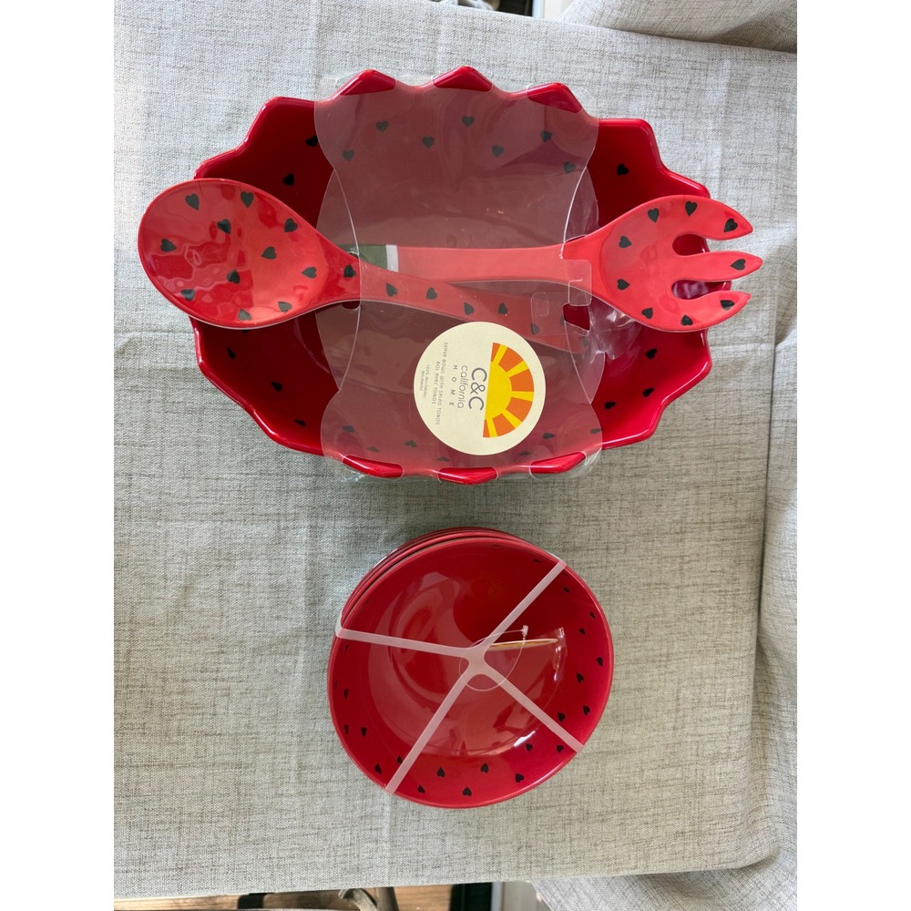 C&C California Salad Bowl Set Red New Watermelon Melamine 7pc Heart